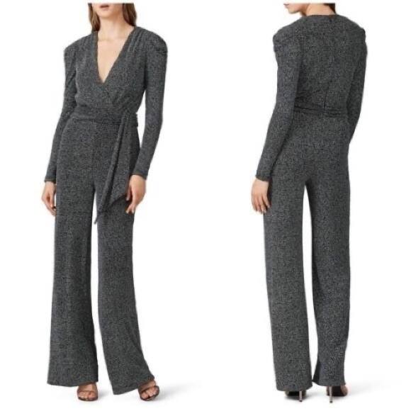 Jonathan Simkhai Black Silver Glitter Jumpsuit Puff Sleeve Stretch Wedding Party